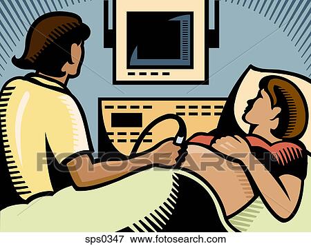 Stock Illustration - A doctor performing ultrasound on a pregnant woman. Fotosearch