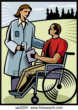 Clip Art - A doctor talking to a patient in a wheelchair. Fotosearch