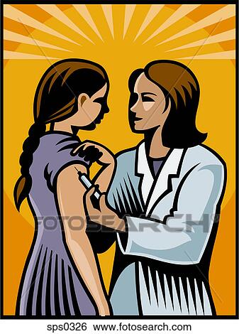 A little girl getting a shot View Large Illustration Stock Illustration - A little girl getting a shot. Fotosearch