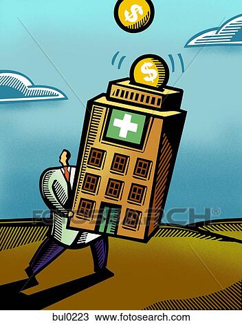 Doctor carrying a hospital piggy bank, collecting money View Large Illustration Drawing - Doctor carrying a hospital piggy bank, collecting money. Fotosearch