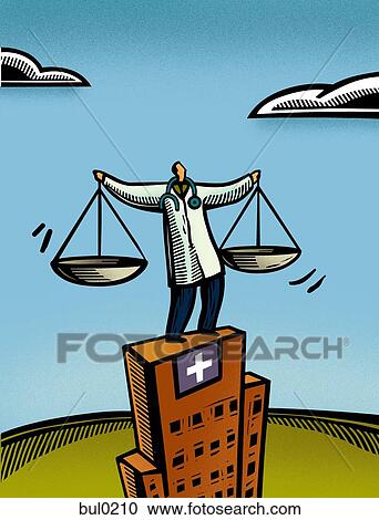 Doctor holding a measuring scale while standing on a hospital building View Large Illustration Clipart - Doctor holding a measuring scale while standing on a hospital building. Fotosearch