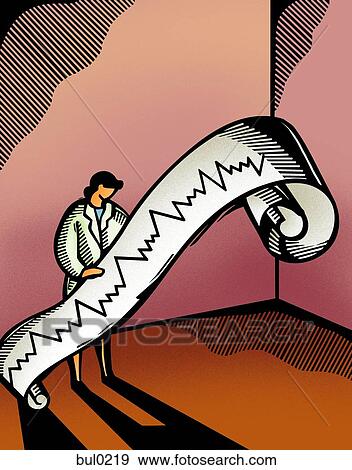 Doctor looking at a scroll of graph showing test result View Large Illustration Stock Illustration - Doctor looking at a scroll of graph showing test result. Fotosearch