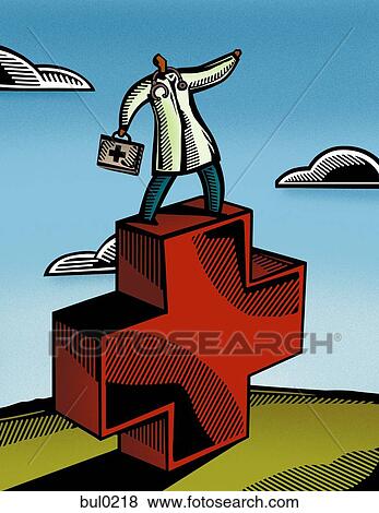 Doctor standing on a giant red cross sign View Large Illustration Stock Illustration - Doctor standing on a giant red cross sign. Fotosearch