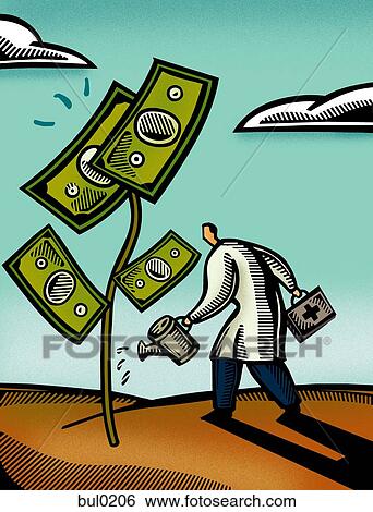 Doctor watering a plant with banknotes as leaves View Large Illustration Stock Illustration - Doctor watering a plant with banknotes as leaves. Fotosearch