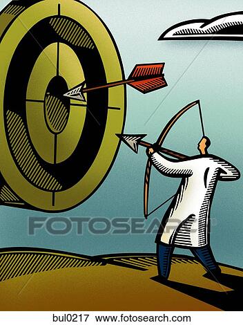 Stock Illustration - Doctor with bow, shooting arrows at target board. Fotosearch