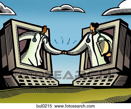 Two doctors coming out of computer monitors and shaking hands View Large Illustration Stock Illustration - Two doctors coming out of computer monitors and shaking hands. Fotosearch
