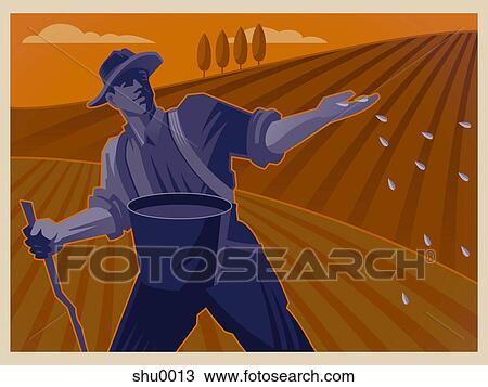 A farmer planting seeds on his fields View Large Illustration Drawing - A farmer planting seeds on his fields. Fotosearch