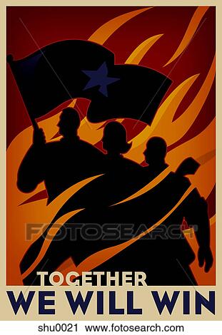 A group of people with the leader holding a flag, demostrating unity View Large Illustration Clip Art - A group of people with the leader holding a flag, demostrating unity. Fotosearch