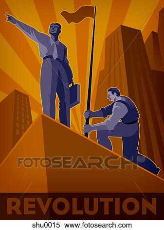 Stock Illustration - A man erecting a flag and a businessman pointing towards a direction, to illustrate revolution. Fotosearch