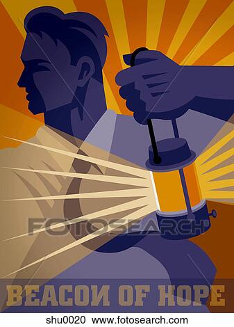 Clipart - A man holding a lantern to indicate the 'beacon of hope'. Fotosearch