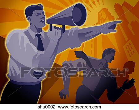 Drawing - A man shouting into a megaphone and directing people. Fotosearch
