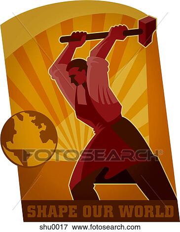 A man with a hammer taking aim at the earth to 'shape our world' View Large Illustration Stock Illustration - A man with a hammer taking aim at the earth to 'shape our world'. Fotosearch