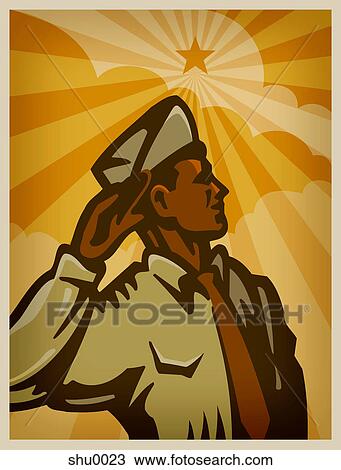 Drawing - Drawing of a soldier saluting. Fotosearch