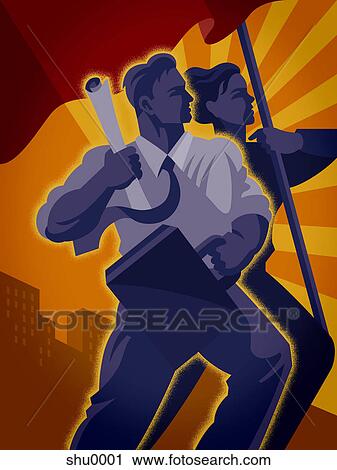 Clip Art - Illustration of a businessman and a businesswoman holding a flag. Fotosearch