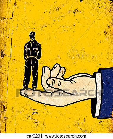 Clip Art - A giant human hand holding a businessman on the tip of his finger. Fotosearch