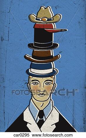 A man wearing several hats atop one another View Large Illustration Stock Illustration - A man wearing several hats atop one another. Fotosearch