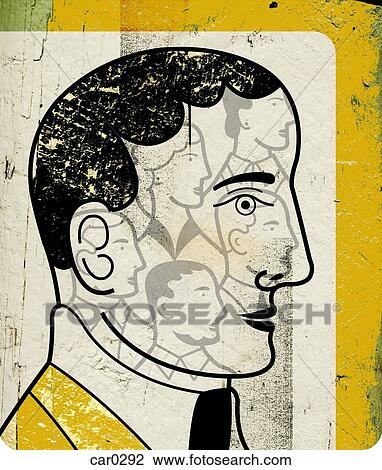 Profile of a man with faces on his head View Large Illustration Drawing - Profile of a man with faces on his head. Fotosearch