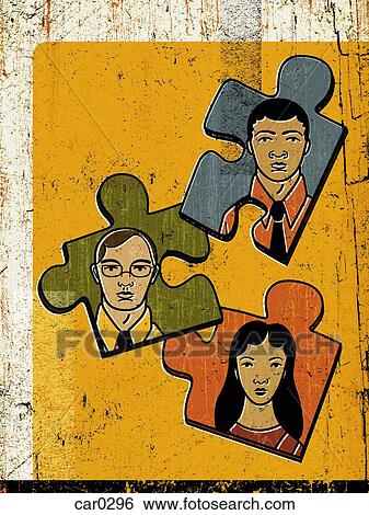 Stock Illustration - Three puzzle pieces with pictures of people on them. Fotosearch