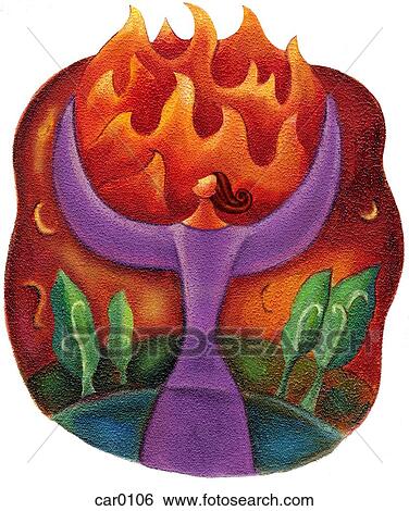 Stock Illustration - A woman raising her arms to the sky filled with flames. Fotosearch