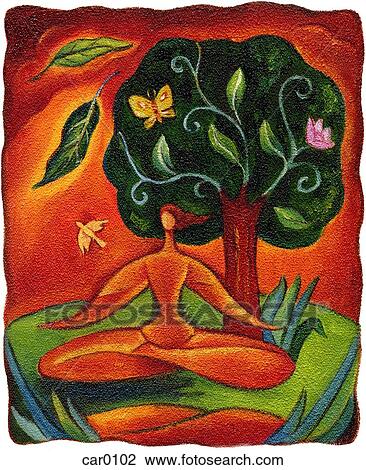 Drawing - Outline of a woman meditating under a tree. Fotosearch