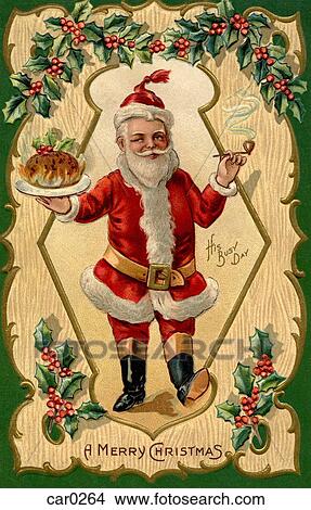 Stock Illustration - Santa Claus holding a tray of food in one hand and a pipe in another. Fotosearch
