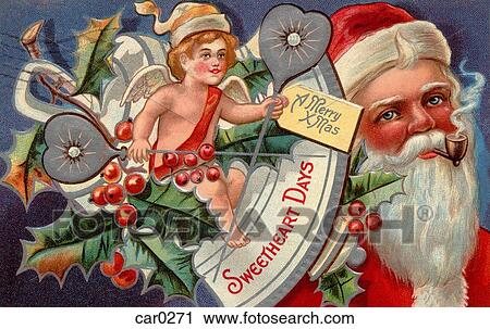 Clip Art - Vintage Christmas postcard of a cherub and Santa Claus in the background. Fotosearch