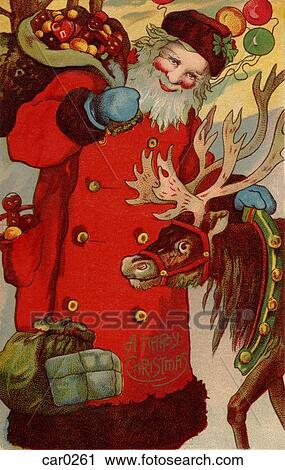 Clip Art - Vintage Christmas postcard of Santa Claus holding a sack of fruit, with his reindeer. Fotosearch