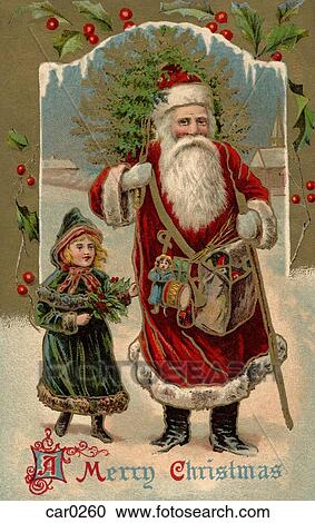 Vintage Christmas postcard of Santa Claus walking with a little girl as