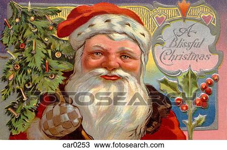 Drawing - Vintage Christmas postcard of Santa Claus carrying a tree over his shoulder. Fotosearch