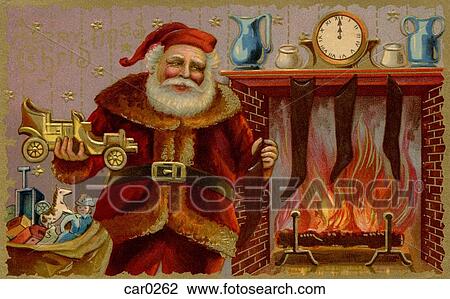 Vintage Christmas postcard of Santa Claus holding a toy car View Large Illustration Drawing - Vintage Christmas postcard of Santa Claus holding a toy car. Fotosearch