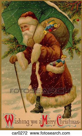 Vintage Christmas postcard of Santa Claus walking in the snow with an umbrella over his head as