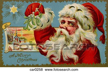 Stock Illustration - Vintage Christmas postcard of Santa Claus holding mistletoe. Fotosearch