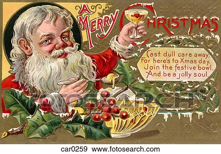 Stock Illustration - Vintage Christmas postcard of Santa Claus holding a glass of punch. Fotosearch