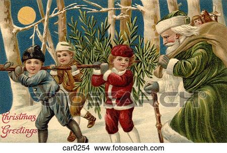 Stock Illustration - Vintage Christmas postcard with children carrying a tree, while Santa Claus looks on. Fotosearch
