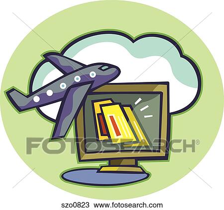 Drawing - A computer monitor with tickets on the screen, and an airplane flying. Fotosearch