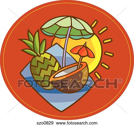 A pineapple, half a coconut, an umbrella, and the sun View Large Illustration Stock Illustration - A pineapple, half a coconut, an umbrella, and the sun. Fotosearch
