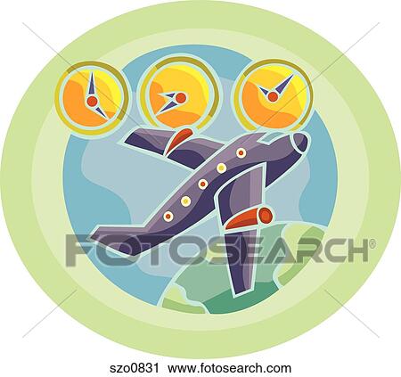 An airplane with three different time zone clocks behind View Large Illustration Clip Art - An airplane with three different time zone clocks behind. Fotosearch