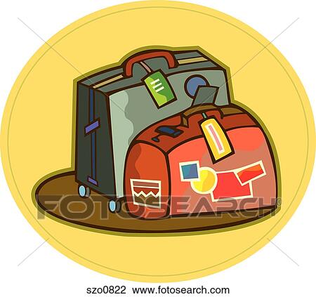 Two luggage with tags and stickers View Large Illustration Drawing - Two luggage with tags and stickers. Fotosearch