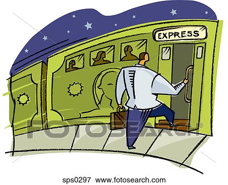 Stock Illustration - A businessman getting on the express train. Fotosearch