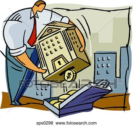 A businessman shaking money out of a bank View Large Illustration Stock Illustration - A businessman shaking money out of a bank. Fotosearch