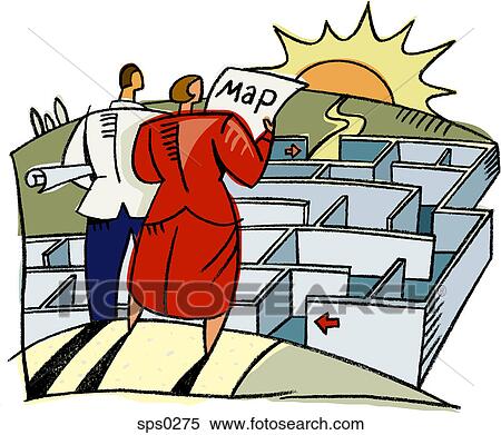 Stock Illustration - A man and woman using a map to navigate through a maze. Fotosearch