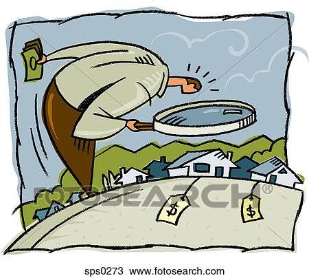 A man inspecting houses with a magnifying glass View Large Illustration Drawing - A man inspecting houses with a magnifying glass. Fotosearch