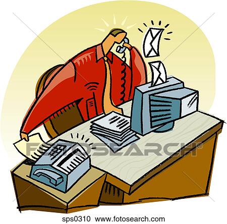 A man trying to email, fax, and talk on the phone View Large Illustration Clipart - A man trying to email, fax, and talk on the phone. Fotosearch