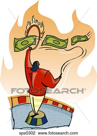 A woman instructing money to jump through hoops View Large Illustration Drawing - A woman instructing money to jump through hoops. Fotosearch