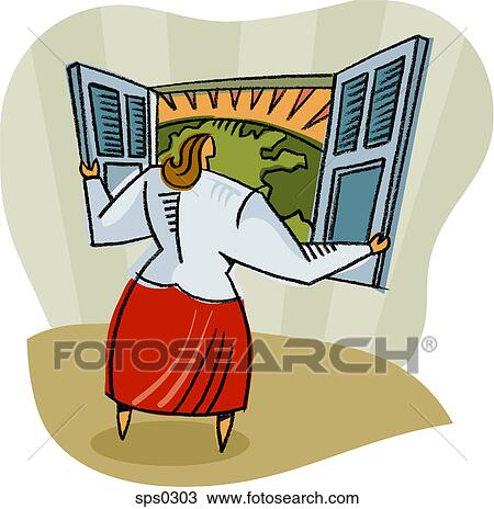A woman looking outside of her window View Large Illustration Drawing - A woman looking outside of her window. Fotosearch
