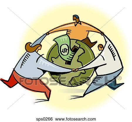 Stock Illustration - Business people circling a globe with cash. Fotosearch