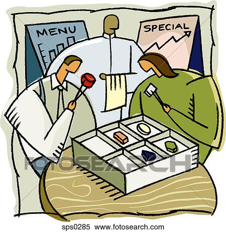 Stock Illustration - Two people eating a business bento box. Fotosearch