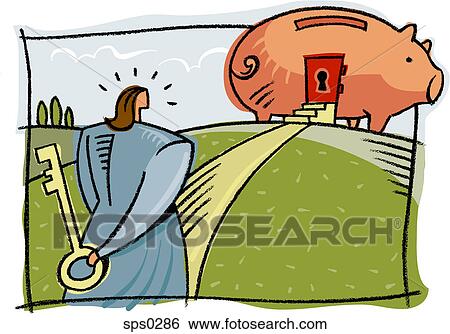 A businesswoman holding a key to a piggy bank View Large Illustration Stock Illustration - A businesswoman holding a key to a piggy bank. Fotosearch