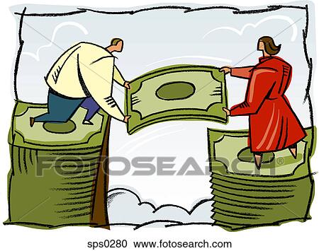 Clipart - A man and woman building a stack of bills. Fotosearch
