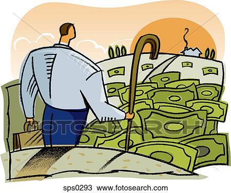 Drawing - A man herding money towards his home. Fotosearch